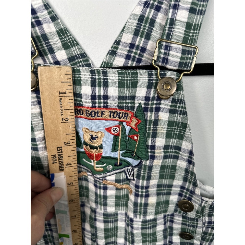 Vintage 24 Mo Baby Overalls Romper Plaid Golf Green Bear Pants 100% Cotton - Picture 8 of 11